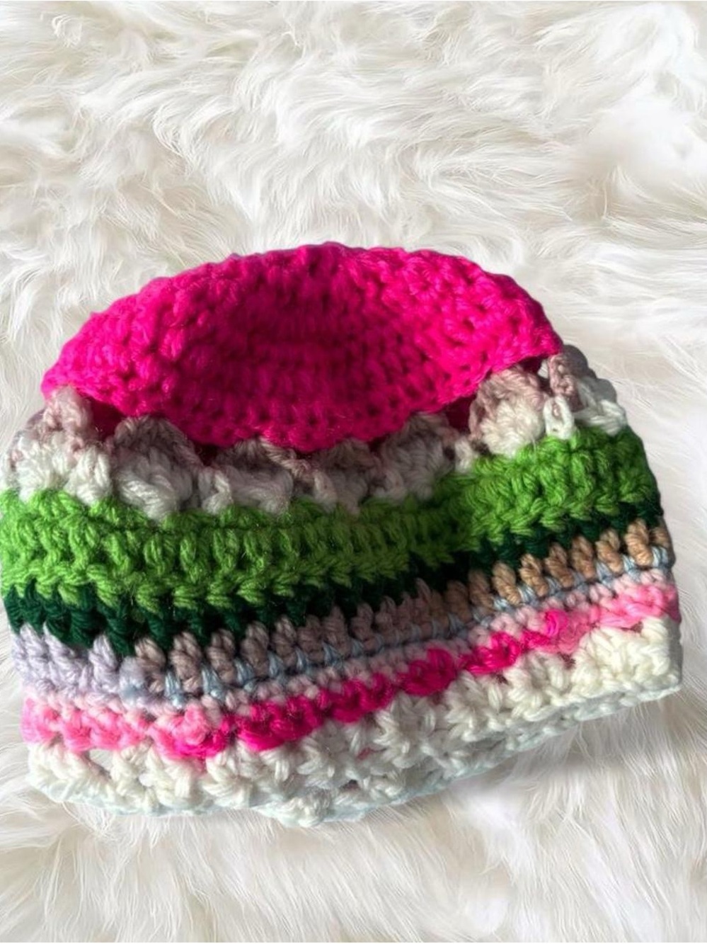 Handmade Baby Girl Crochet Beanie Hat - Pink & Green